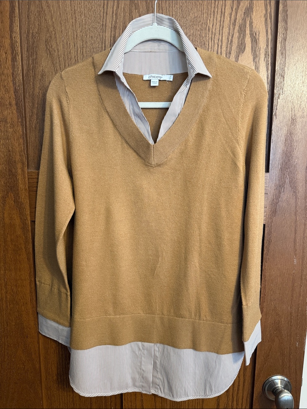 Chico's Camel V-Neck Sweater with Shirt Hem Detail